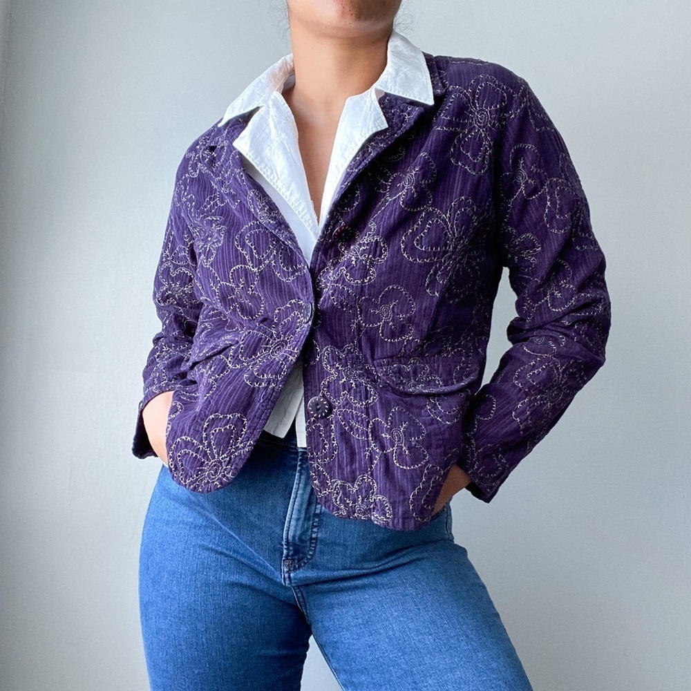 FLAX 100% Cotton Corduroy Embroided Floral Purple Blazer
